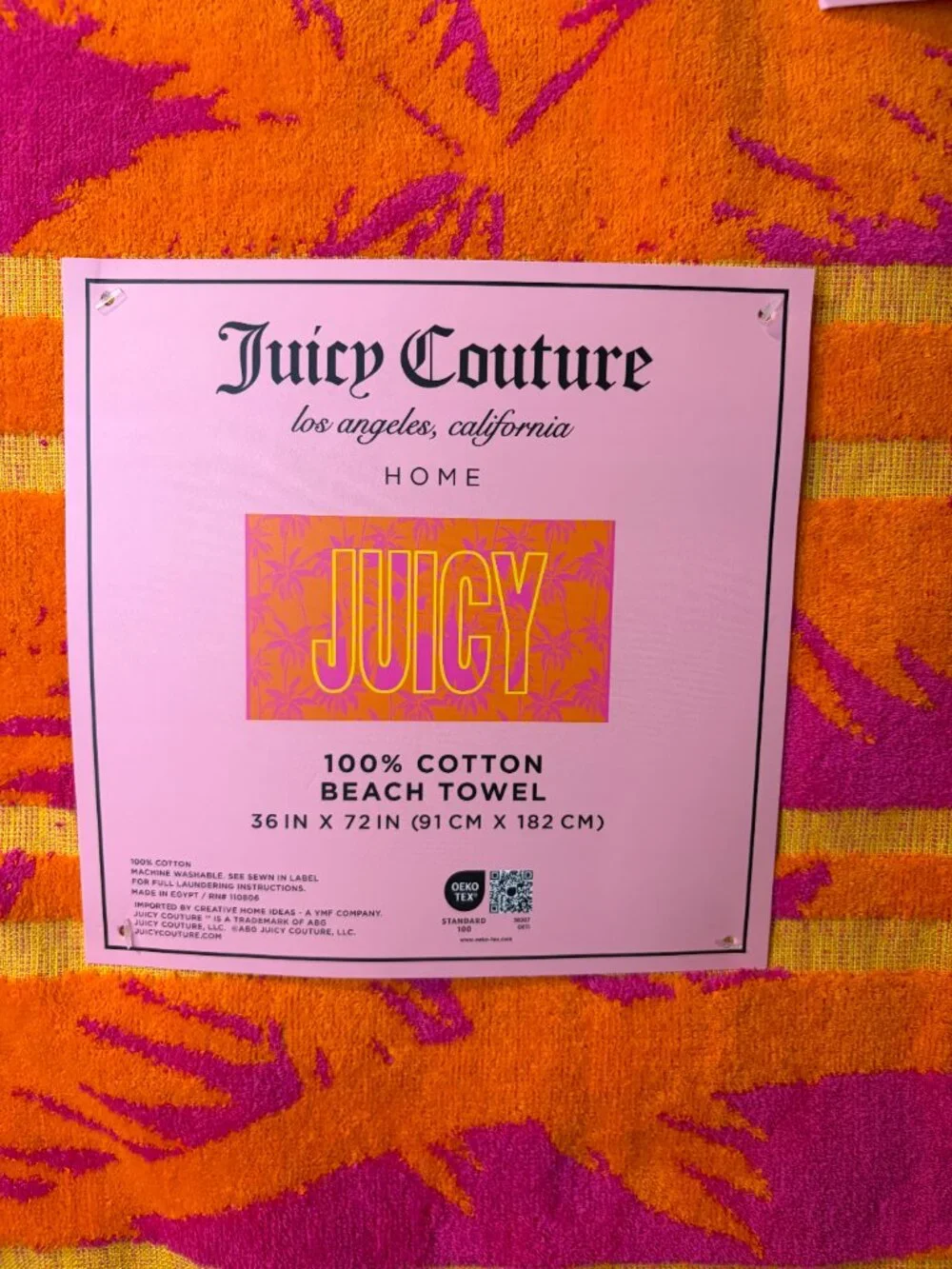Juicy Couture Palm Tree Beach Towel Pink Orange 36x72 Cotton NWT